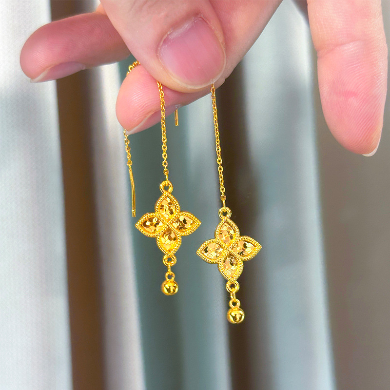 Freshwater Line - Modische 18kt Gold Vierblättriges Kleeblatt Perlen-Quasten-Ohrhänger